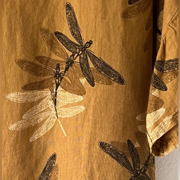 Elena Baldi Linen Lagenlook Brown & Gold Dragonfly Ruffled Sleeve Shirt Small - Picture 6 of 9